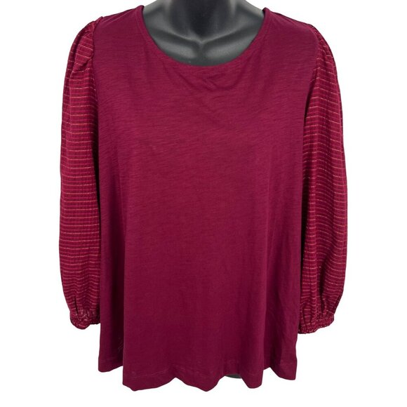 Loft Womens Burgundy Top Striped Balloon Sleeve Tie Back Long Sleeve Stripe New - Picture 2 of 8